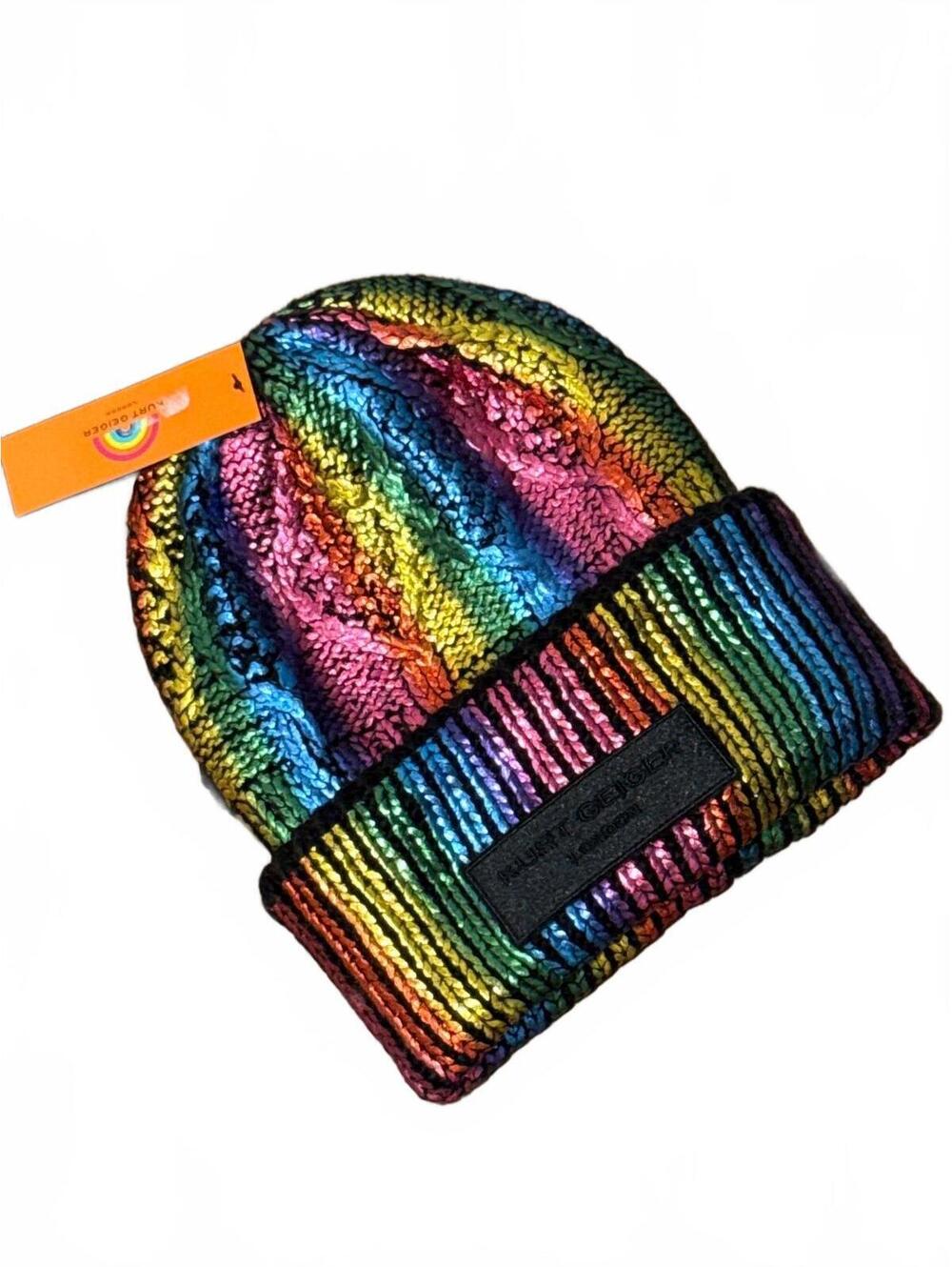 NWT $68 Kurt Geiger London Metallic Sparkle Rainbow Beanie Hat One Size